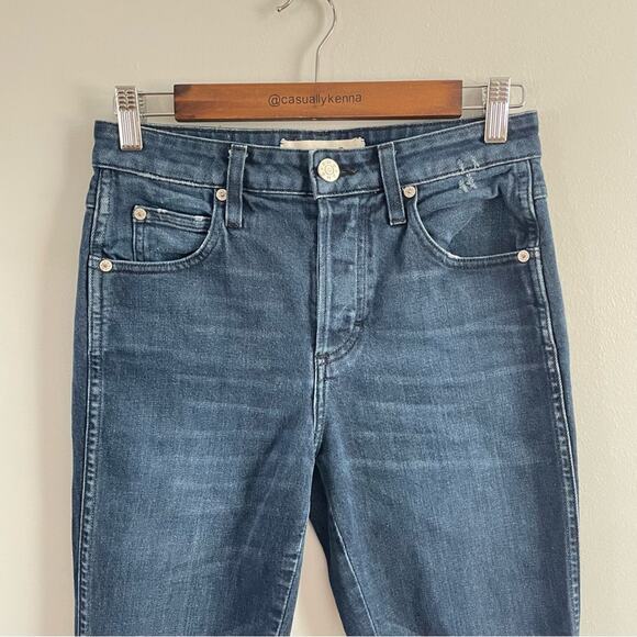 AMO Women’s Dark Wash Babe Jeans Eclipse Denim Raw Hem High Rise Blue Button Fly - Picture 5 of 11